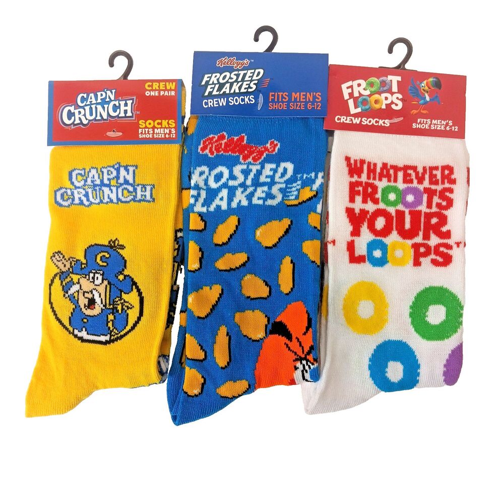 Cap'n Crunch Frosted Flakes Froot Loops Lot Of 3 Mens Novelty Crew Socks Sz 6-12